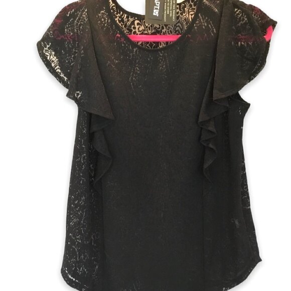 NWT Apt 9 Blouse Ruffle Flutter Sleeve Sheer Overlay Women's Size Medium Black - Picture 1 of 6